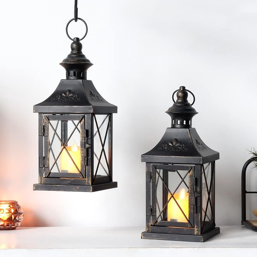Set Of 2 Metal Candle Lantern Black Gold