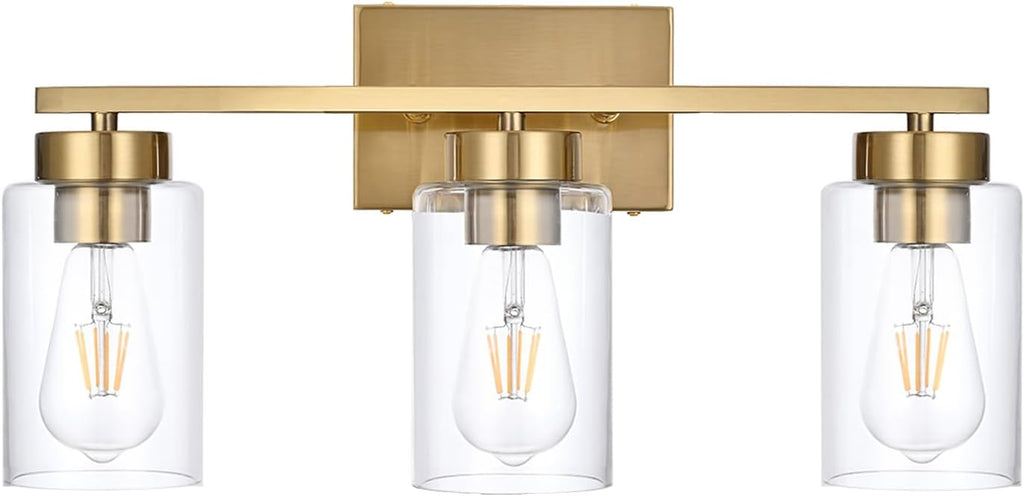 3-Light Brushed Gold Clear Glass Vanity Light