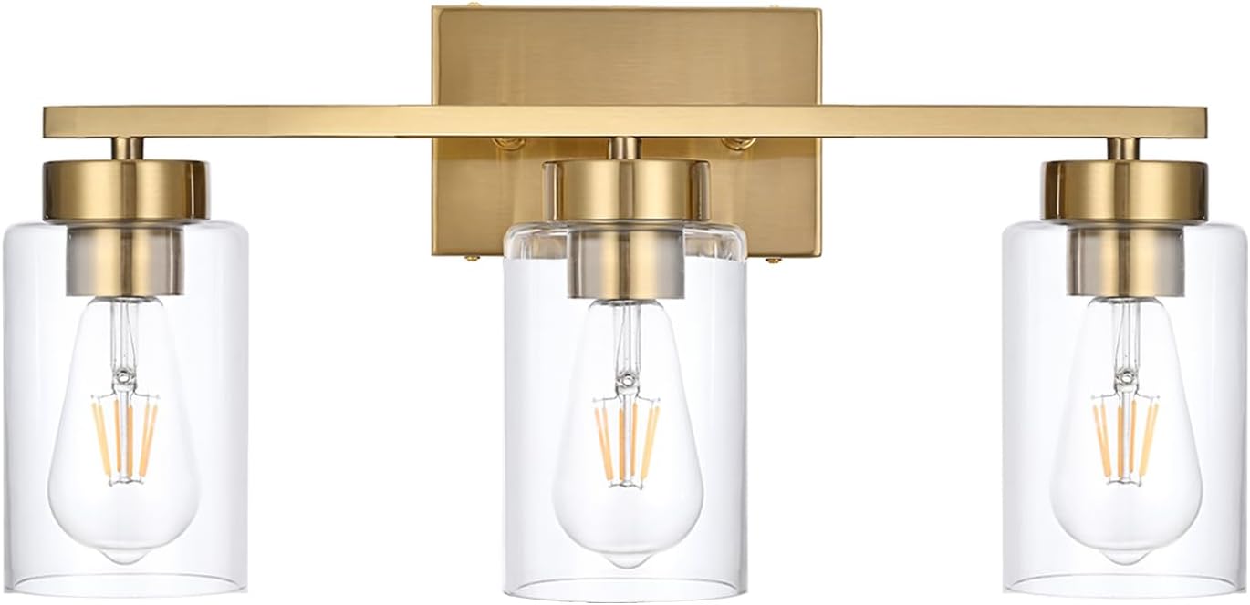 3-Light Brushed Gold Clear Glass Vanity Light