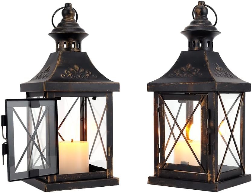Set Of 2 Metal Candle Lantern Black Gold