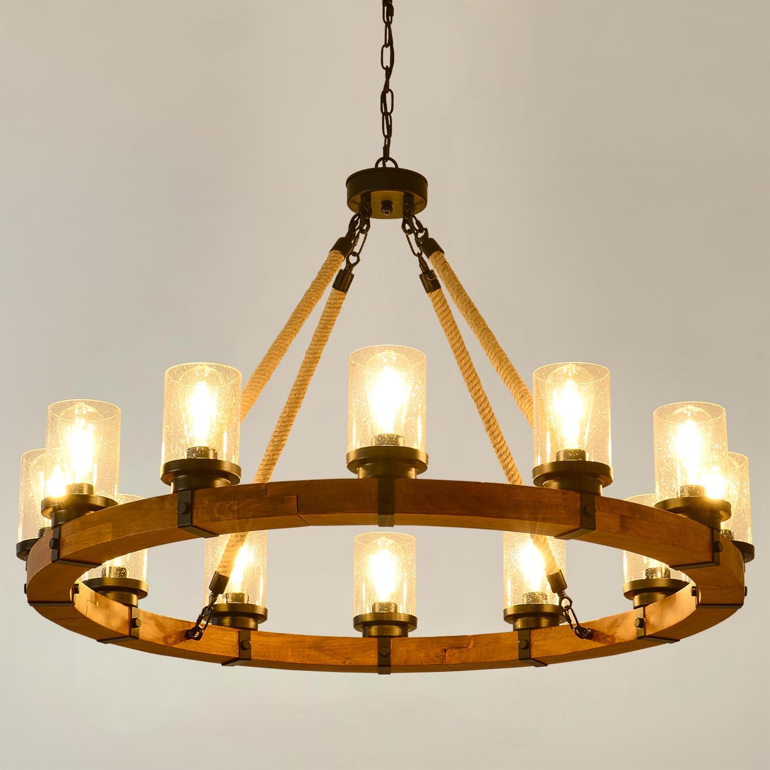 12-Light Wood Wagon Wheel Chandelier