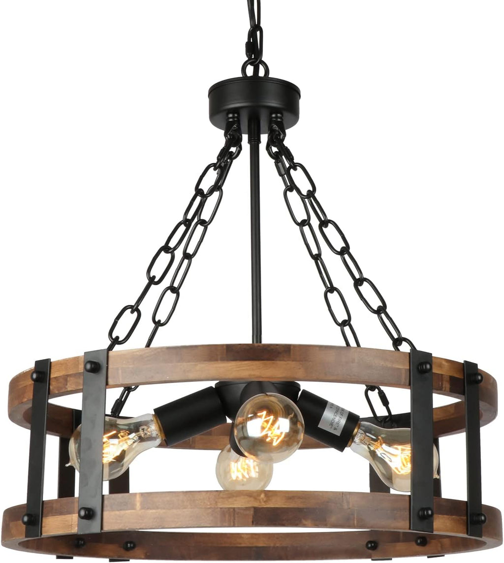 4-Light Wood Black Metal Drum Farmhouse Chandelier