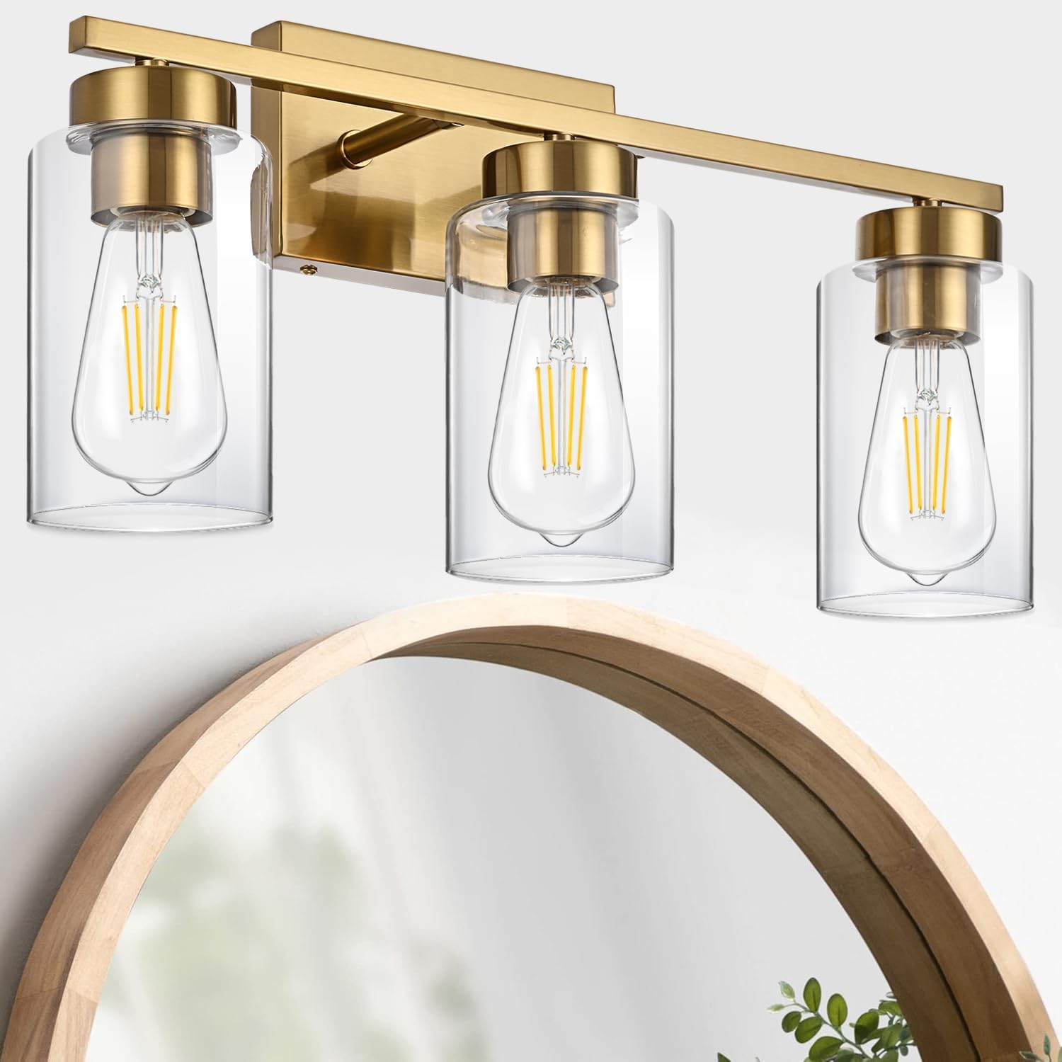 3-Light Brushed Gold Clear Glass Vanity Light
