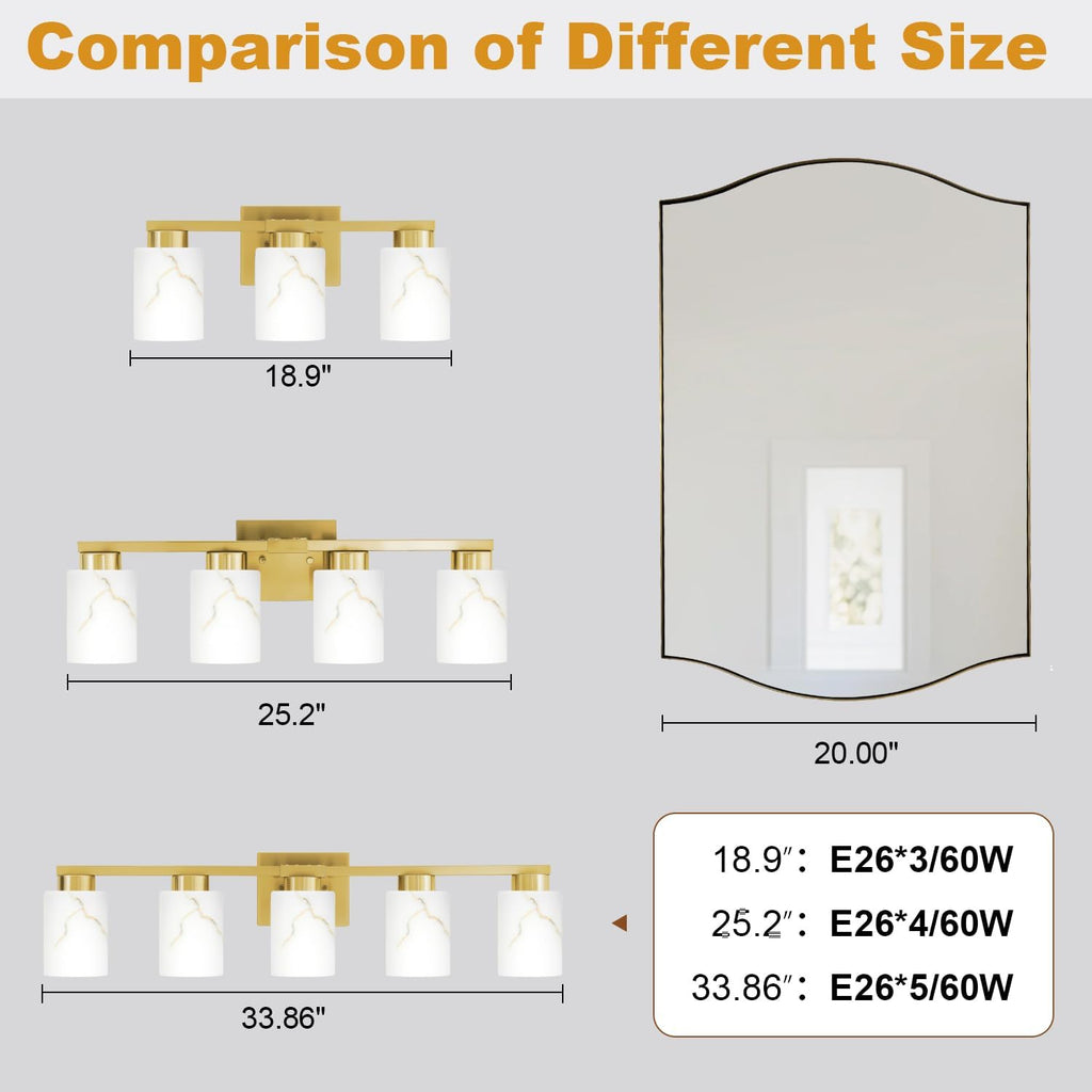 3-Light Gold Marble Glass Bathroom Vanity Light