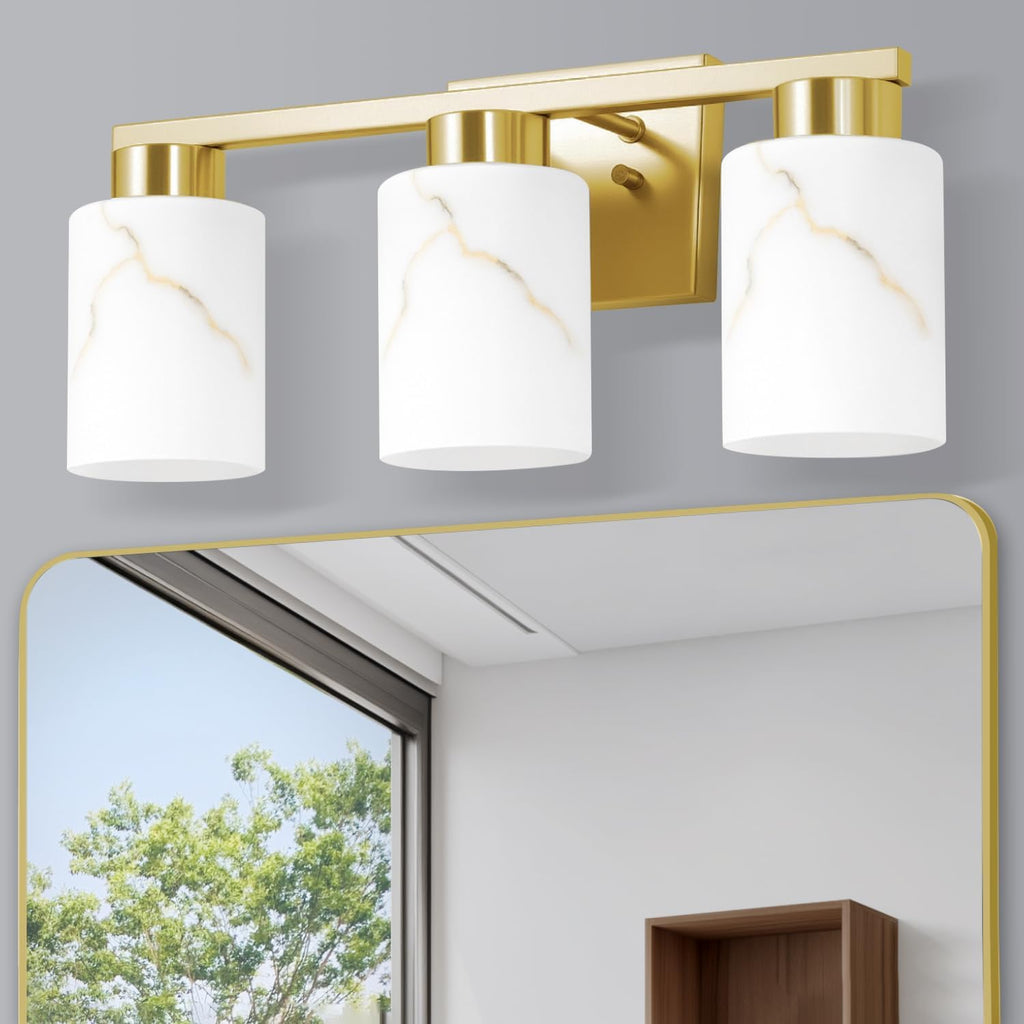 3-Light Gold Marble Glass Bathroom Vanity Light