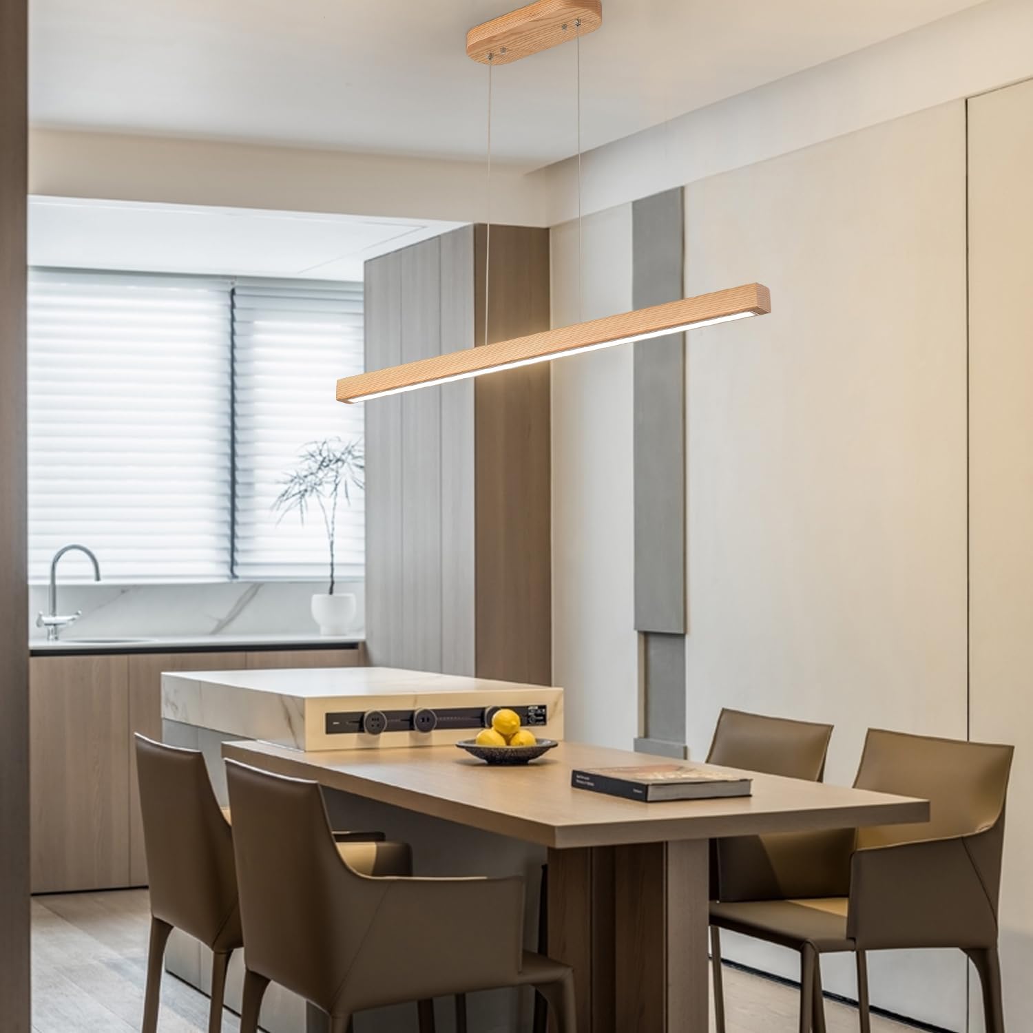 39 Inch Wooden LED Linear Pendant Light Natural