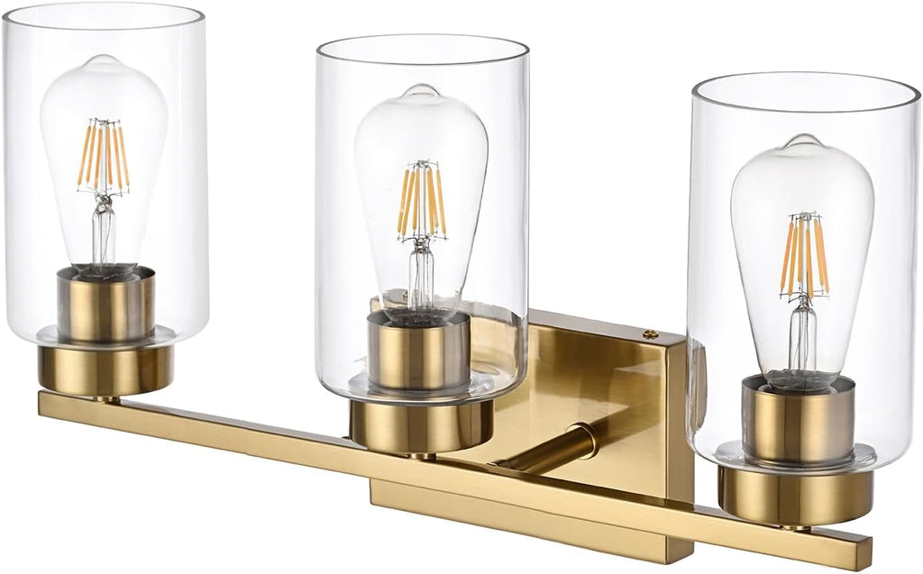 3-Light Brushed Gold Clear Glass Vanity Light