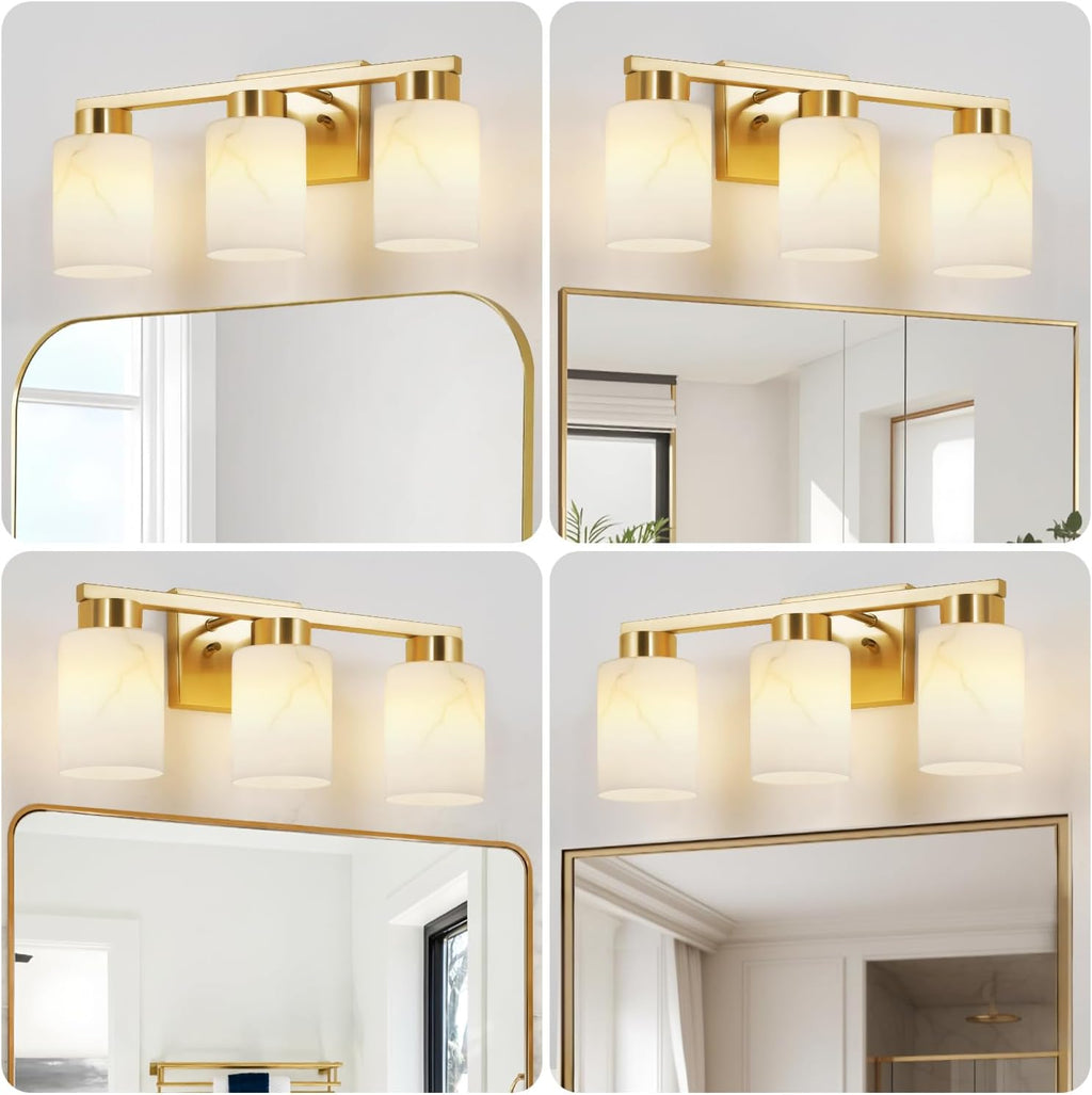 3-Light Gold Marble Glass Bathroom Vanity Light