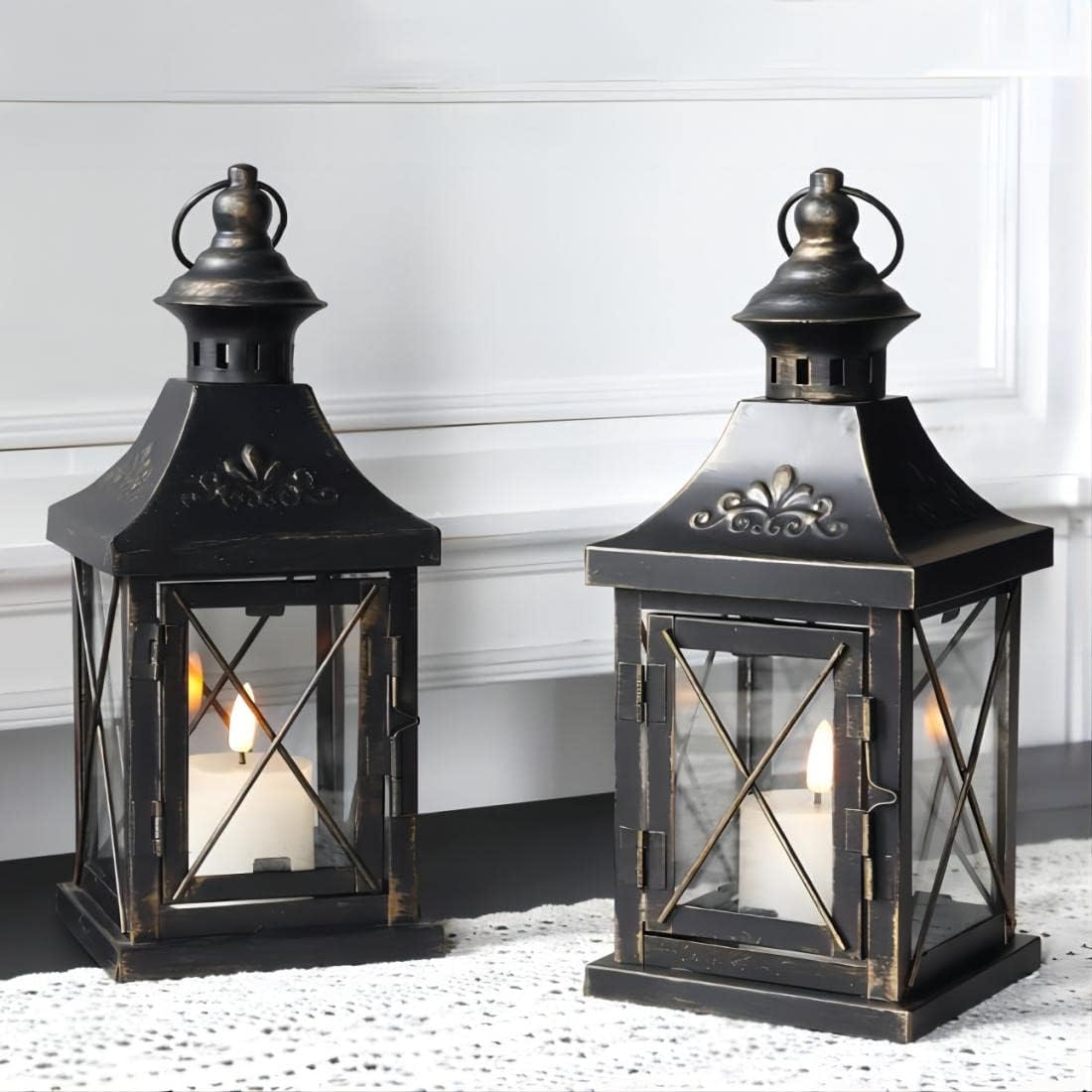 Set Of 2 Metal Candle Lantern Black Gold