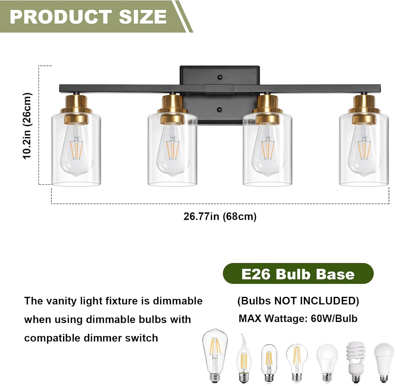 4-Light Black Gold Clear Glass Vanity Light