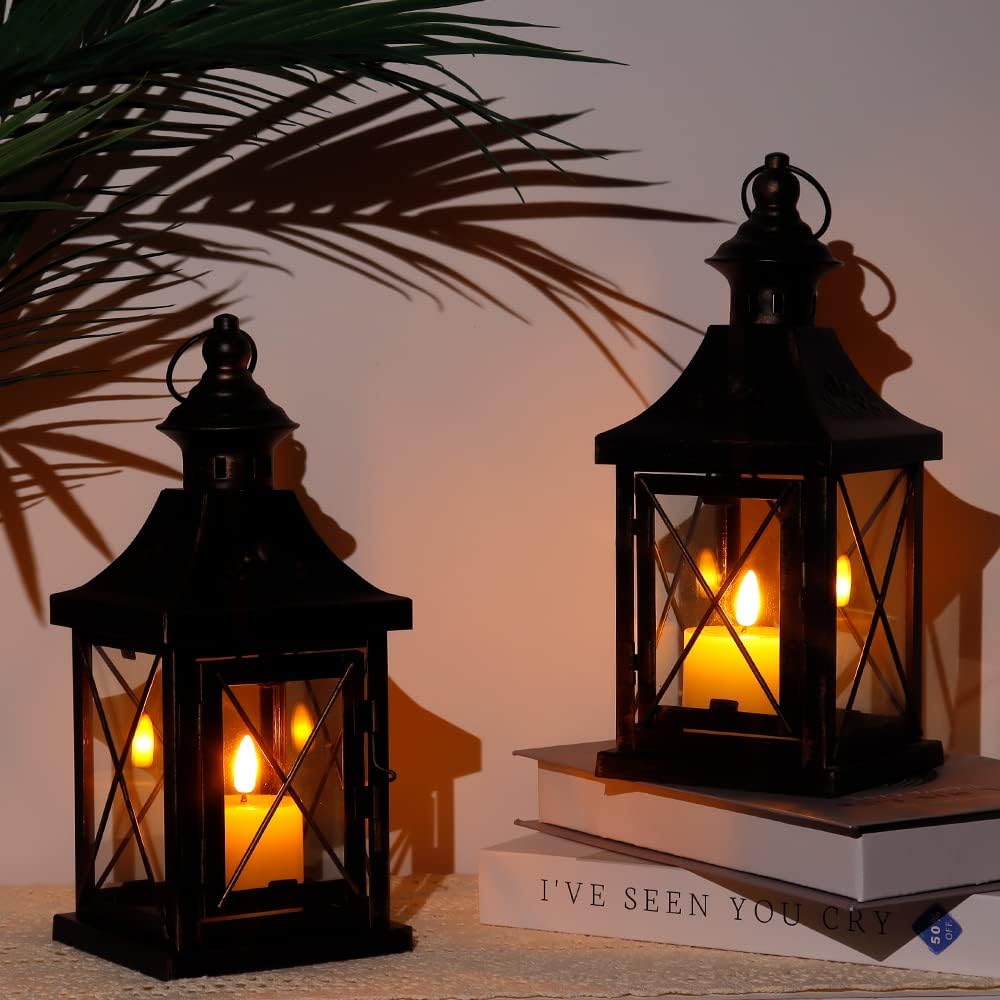 Set Of 2 Metal Candle Lantern Black Gold