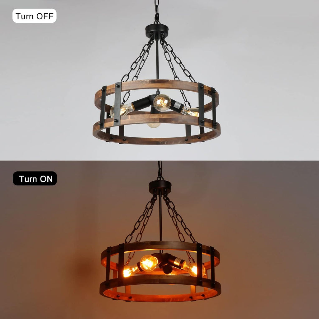 4-Light Wood Black Metal Drum Farmhouse Chandelier