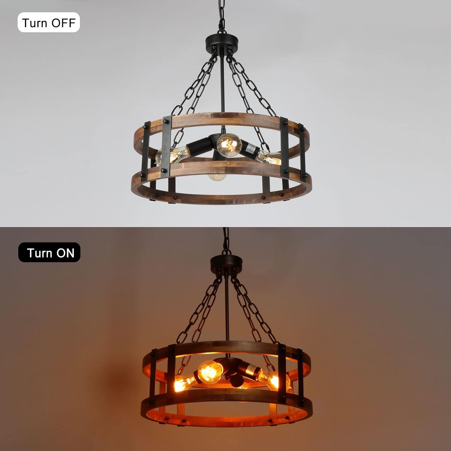 4-Light Wood Black Metal Drum Farmhouse Chandelier