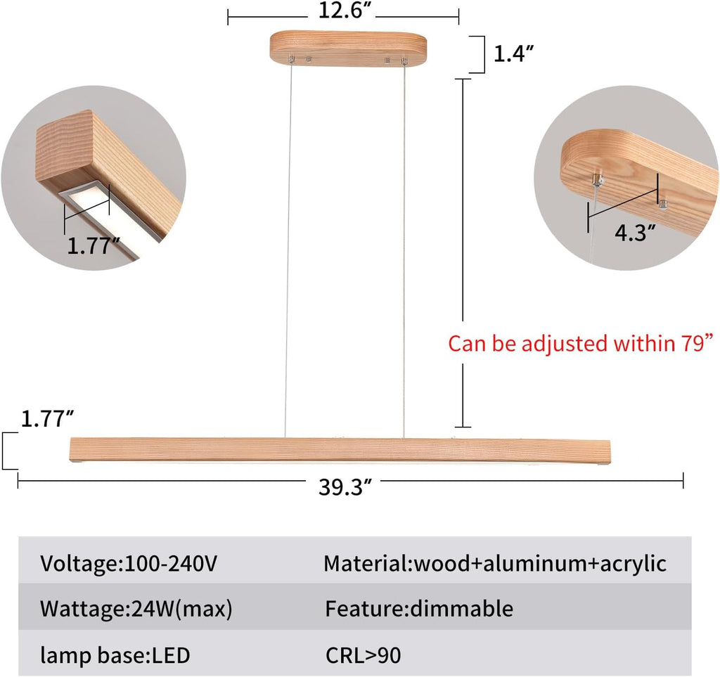 39 Inch Wooden LED Linear Pendant Light Natural
