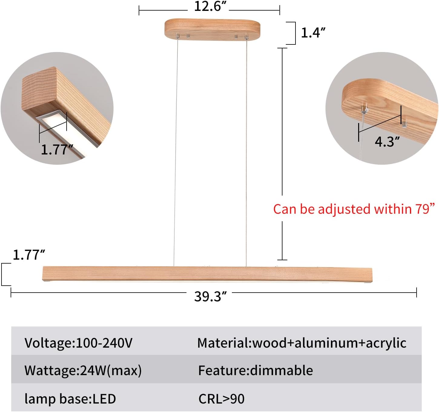 39 Inch Wooden LED Linear Pendant Light Natural