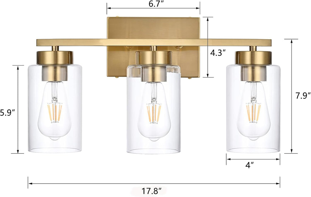 3-Light Brushed Gold Clear Glass Vanity Light