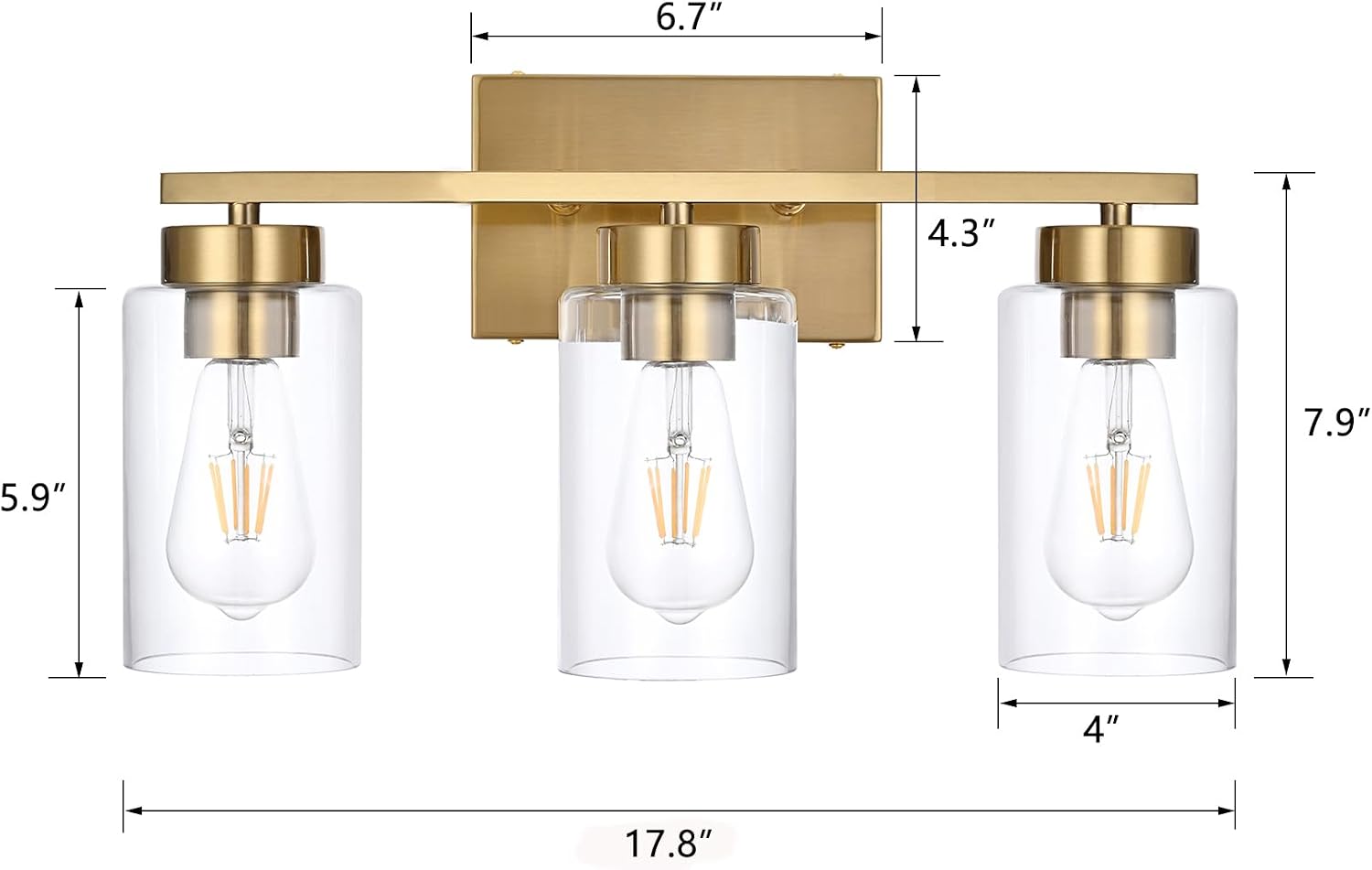 3-Light Brushed Gold Clear Glass Vanity Light