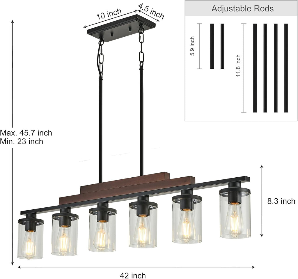 6-Light Wood Glass Farmhouse Dining Chandelier