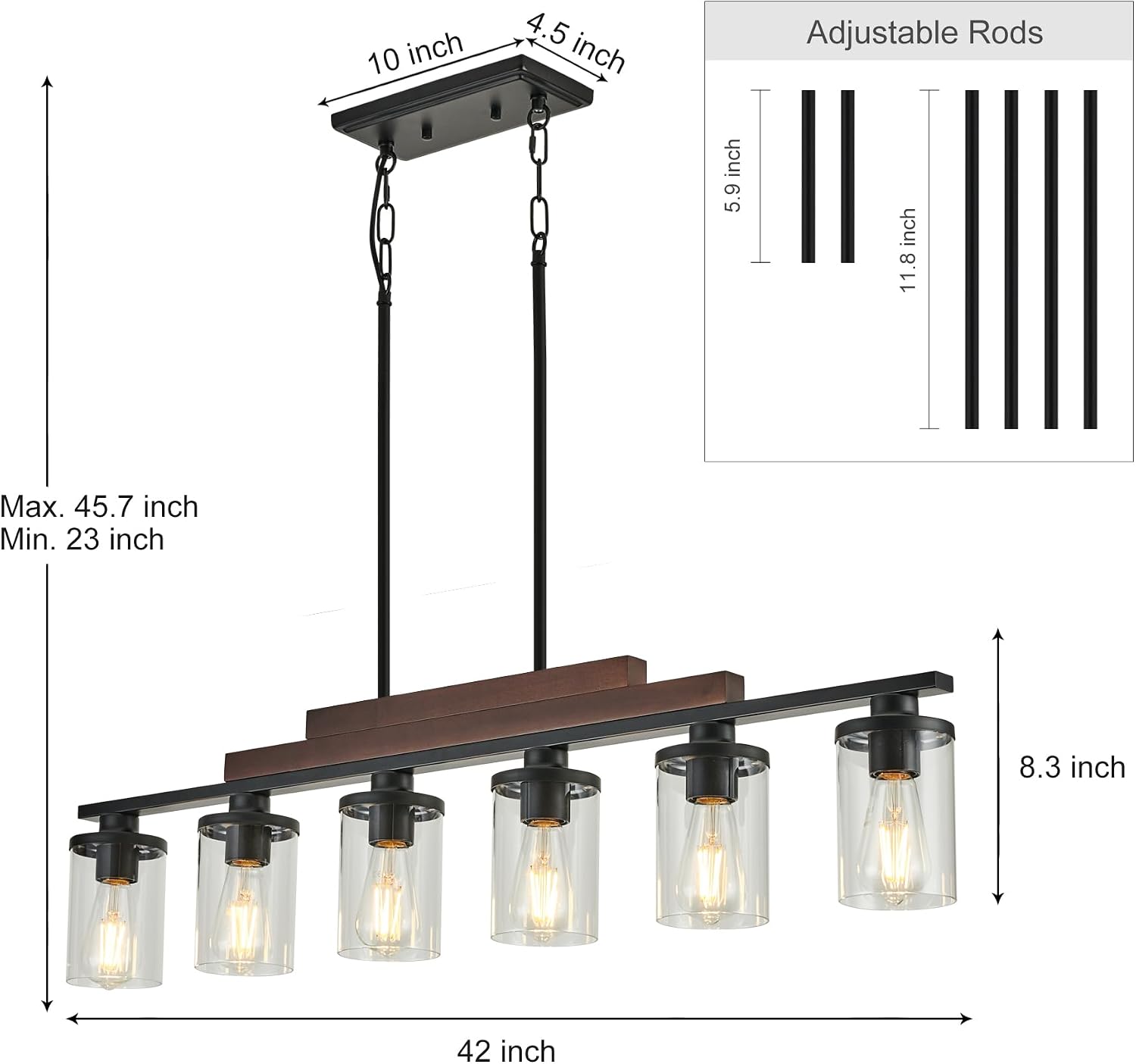 6-Light Wood Glass Farmhouse Dining Chandelier