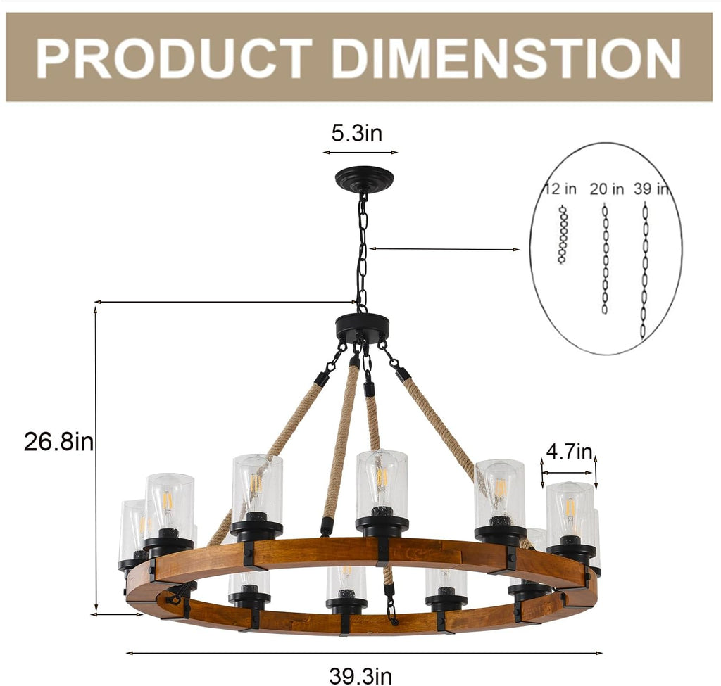 12-Light Wood Wagon Wheel Chandelier