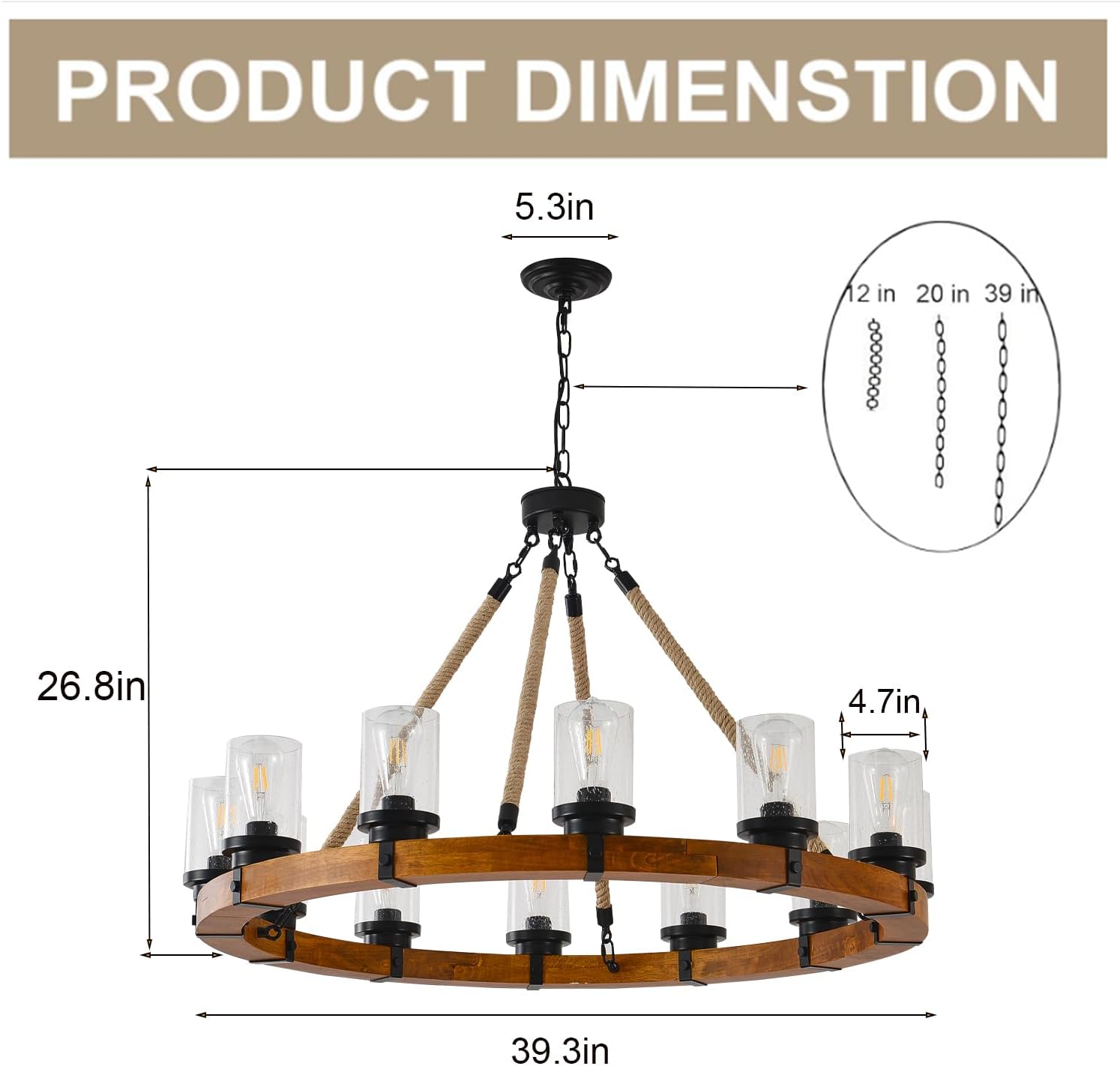 12-Light Wood Wagon Wheel Chandelier