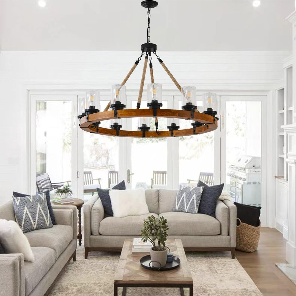 12-Light Wood Wagon Wheel Chandelier