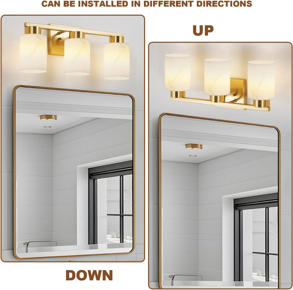 3-Light Gold Marble Glass Bathroom Vanity Light