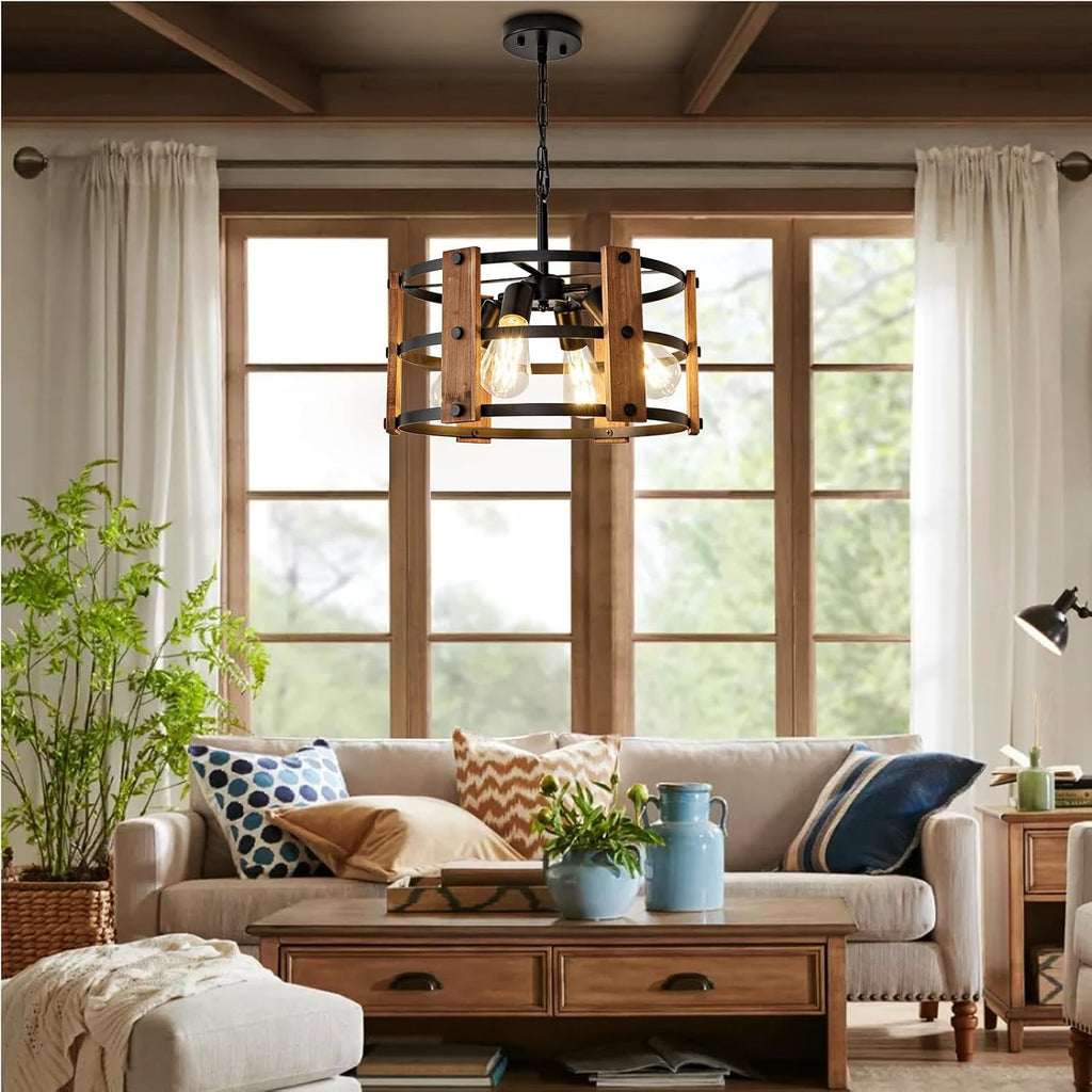 4-Light Brown Wood Farmhouse Pendant Chandelier