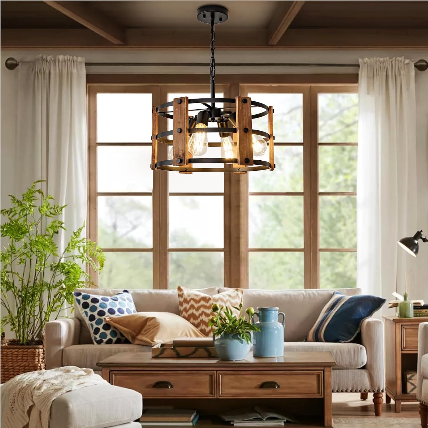4-Light Brown Wood Farmhouse Pendant Chandelier