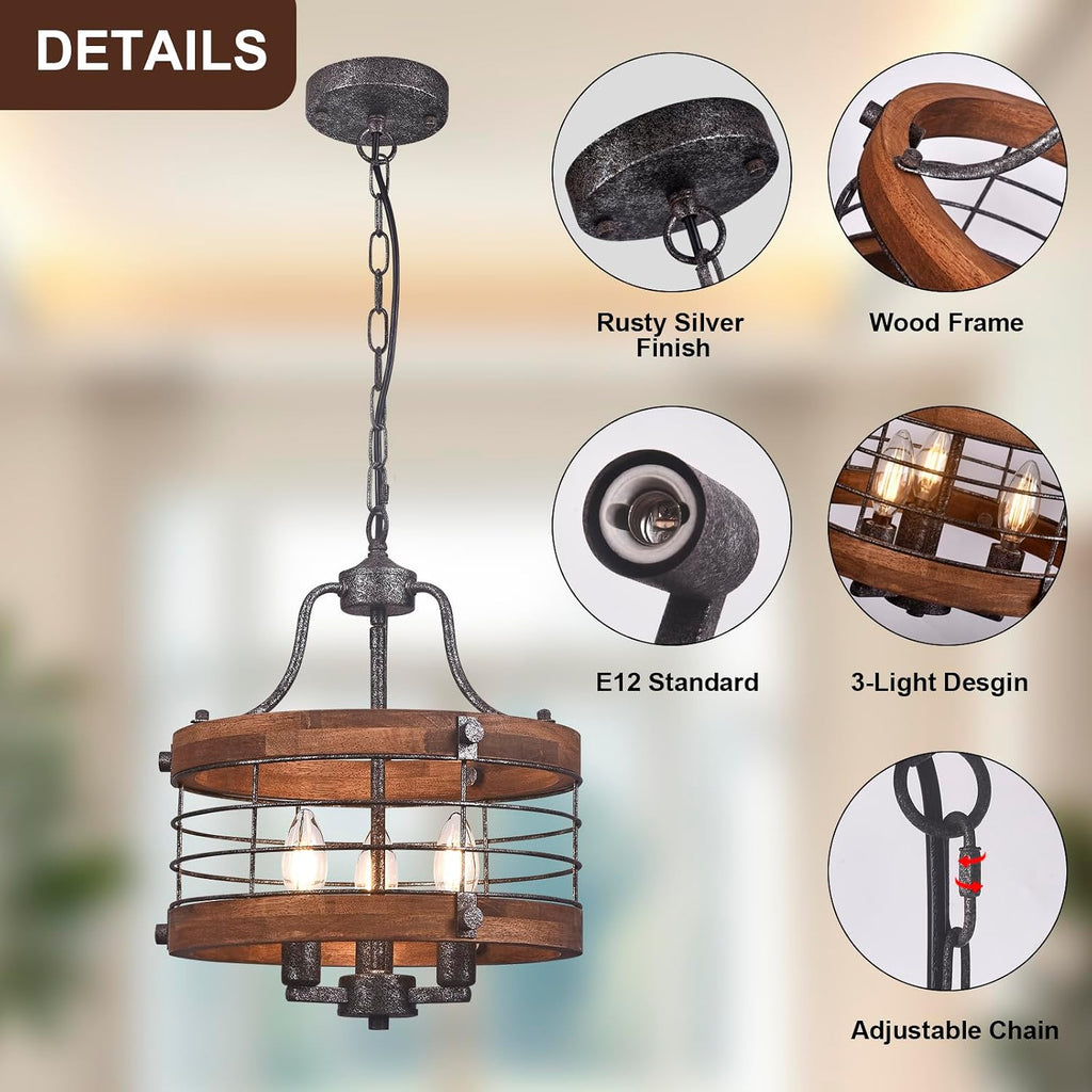 3-Light Silver Wood Drum Farmhouse Chandelier