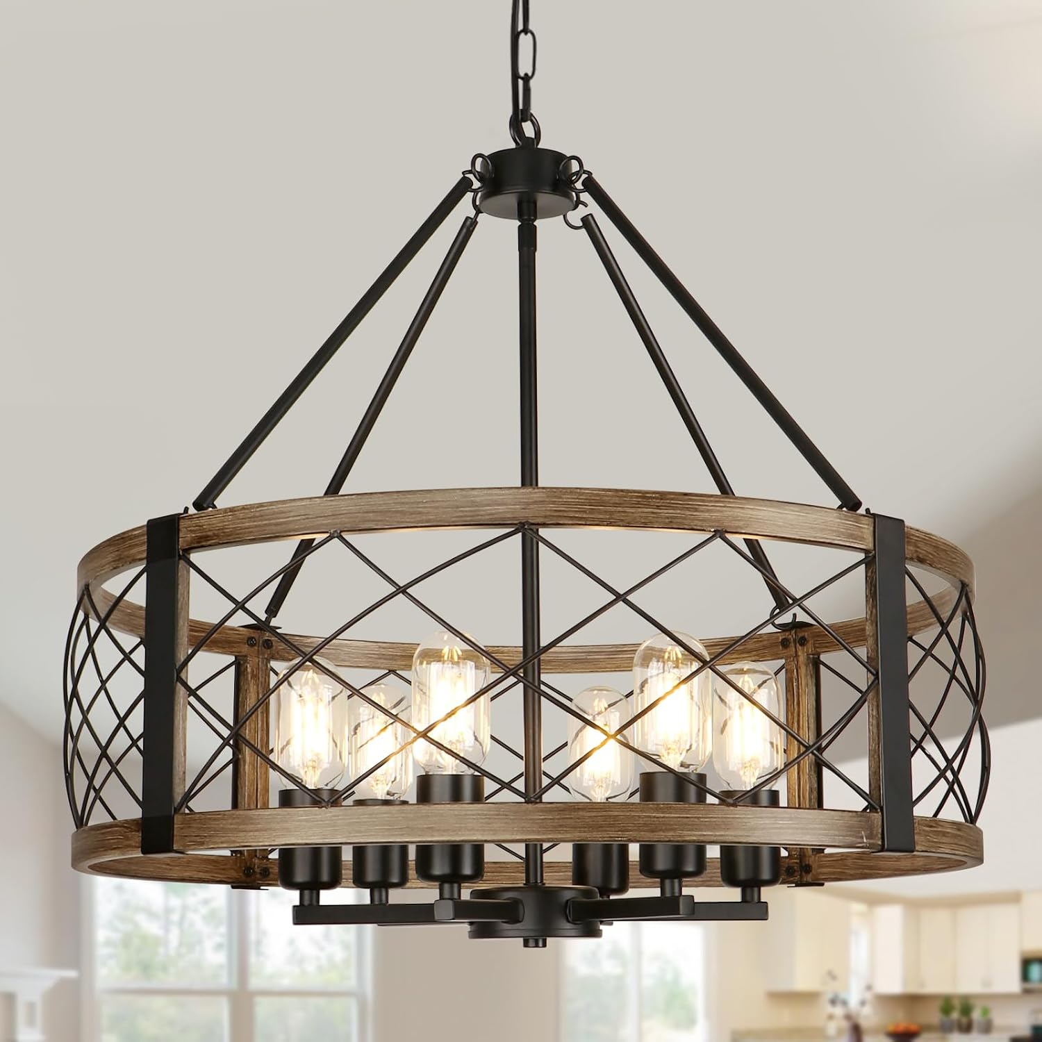 22.5 Inch 6-Light Wood Grain Drum Chandelier