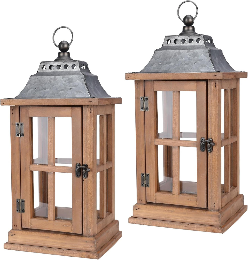 Set Of 2 Wooden Candle Lanterns 15 Inch