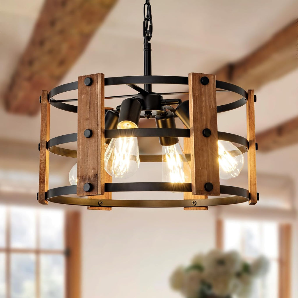 4-Light Brown Wood Farmhouse Pendant Chandelier