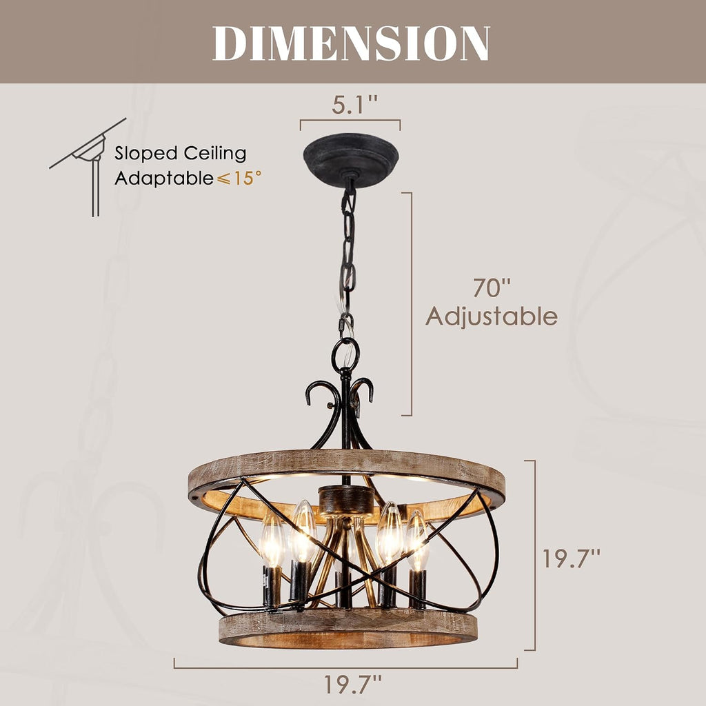 20 Inch 5-Light Wood Farmhouse Drum Chandelier