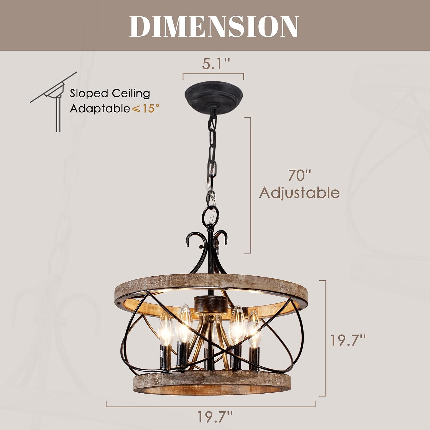 20 Inch 5-Light Wood Farmhouse Drum Chandelier
