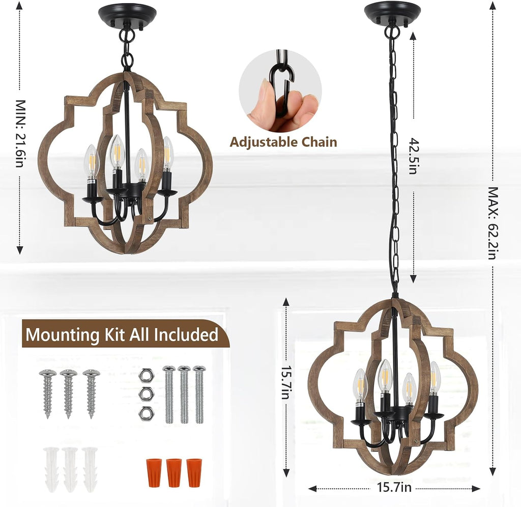 15.7 Inch 4-Light Solid Wood Farmhouse Chandelier