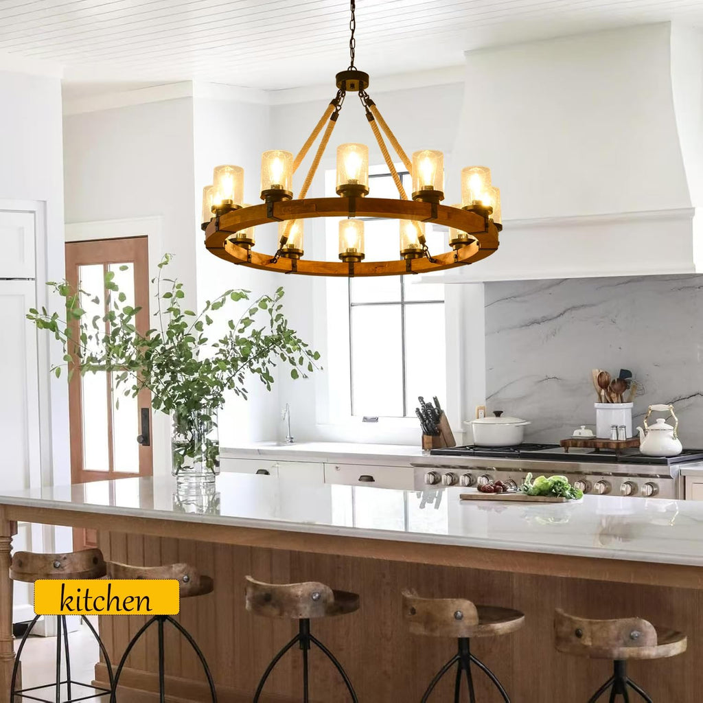 12-Light Wood Wagon Wheel Chandelier