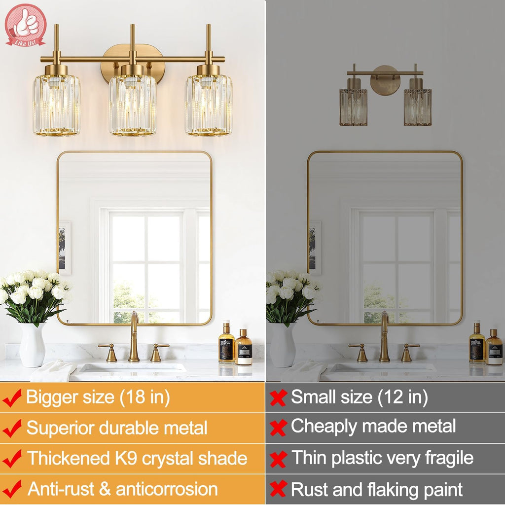 3-Light Brushed Gold Crystal Bathroom Vanity Light