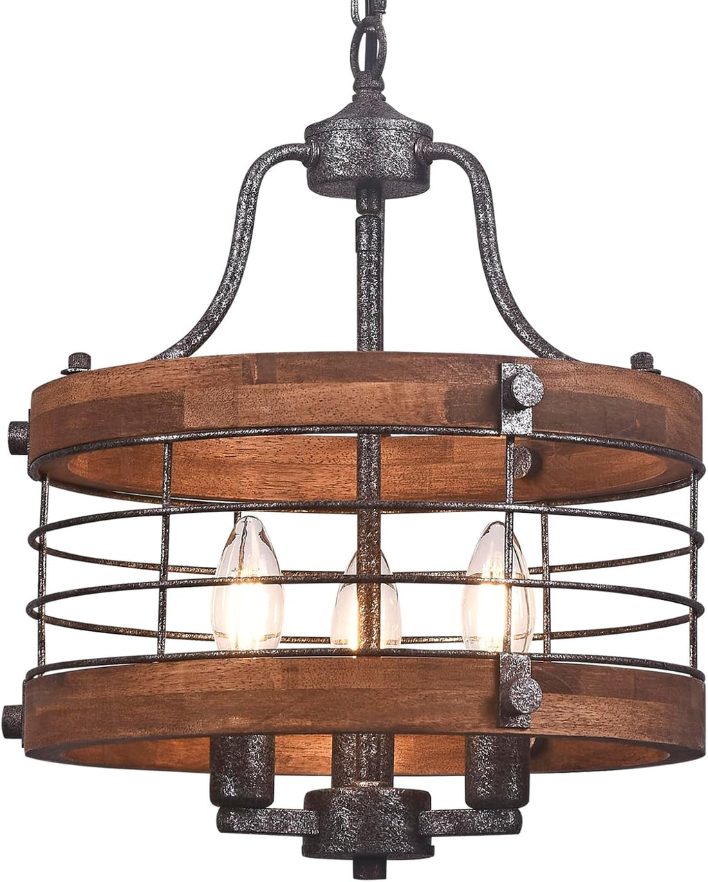 3-Light Silver Wood Drum Farmhouse Chandelier