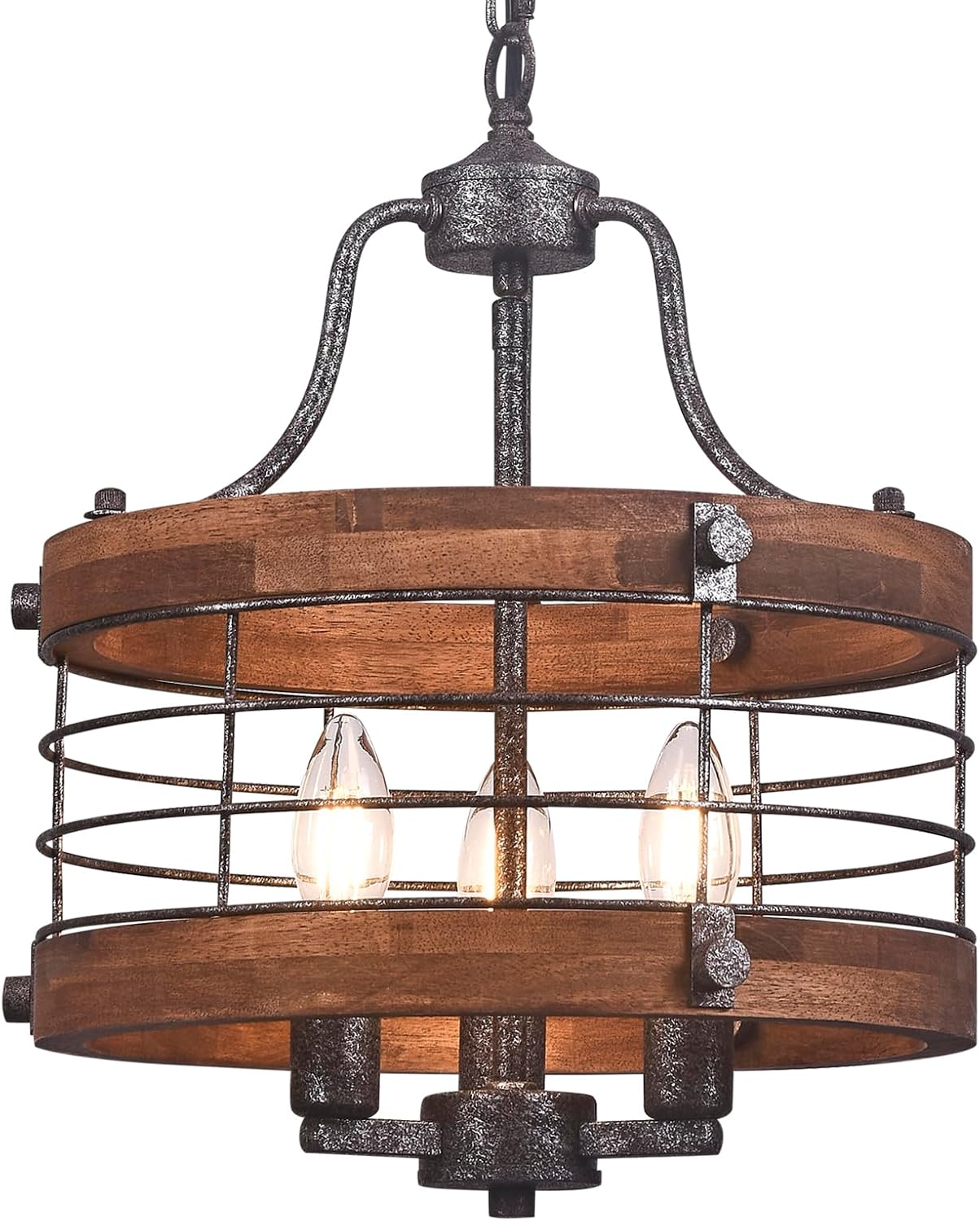 3-Light Silver Wood Drum Farmhouse Chandelier