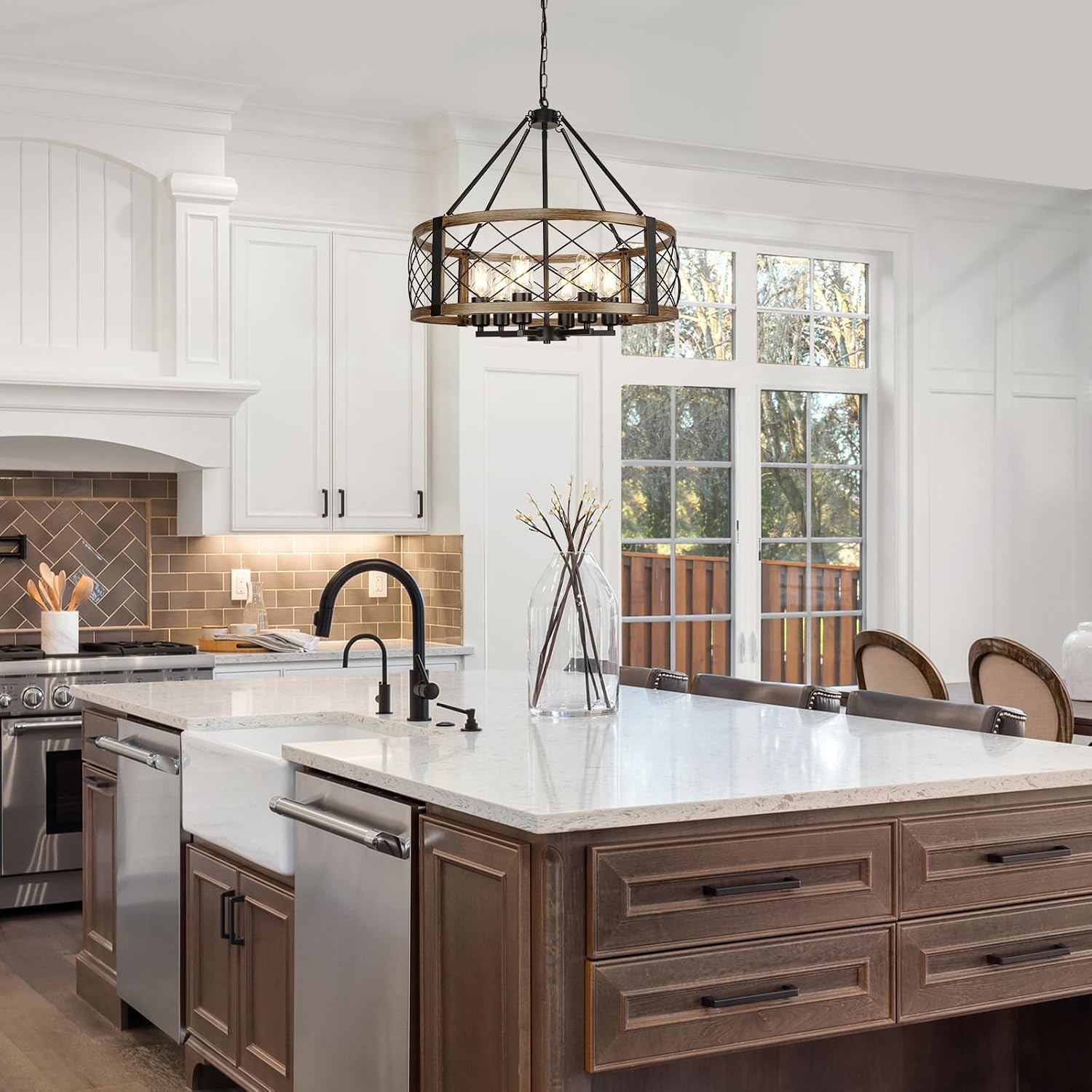 22.5 Inch 6-Light Wood Grain Drum Chandelier