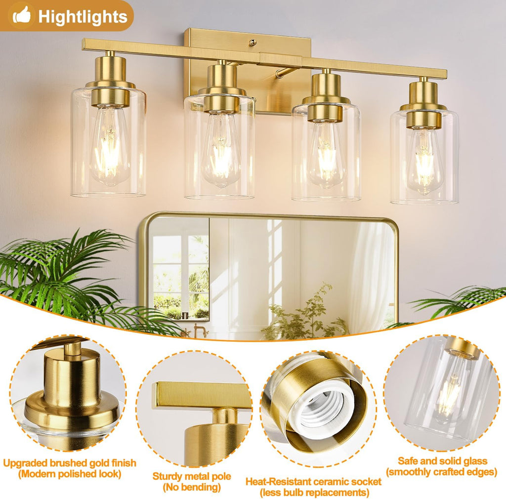 4-Light Clear Glass Vanity Light Brushed Gold