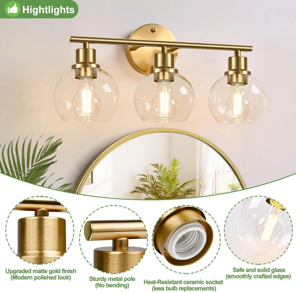 3-Light Clear Glass Globe Vanity Light Gold