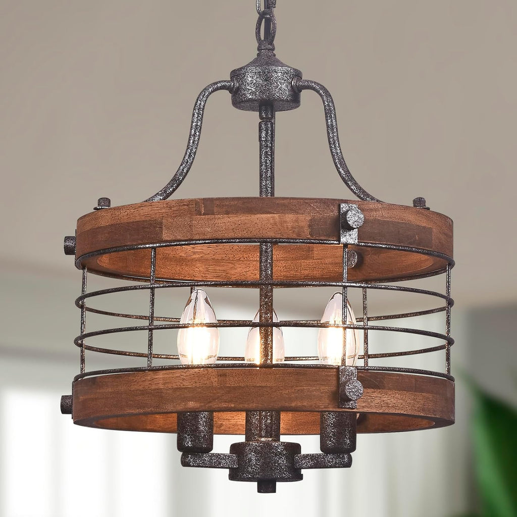 3-Light Silver Wood Drum Farmhouse Chandelier