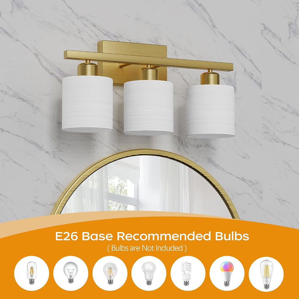 3-Light Brushed Gold Textured Glass Vanity Light
