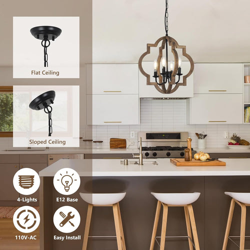 15.7 Inch 4-Light Solid Wood Farmhouse Chandelier