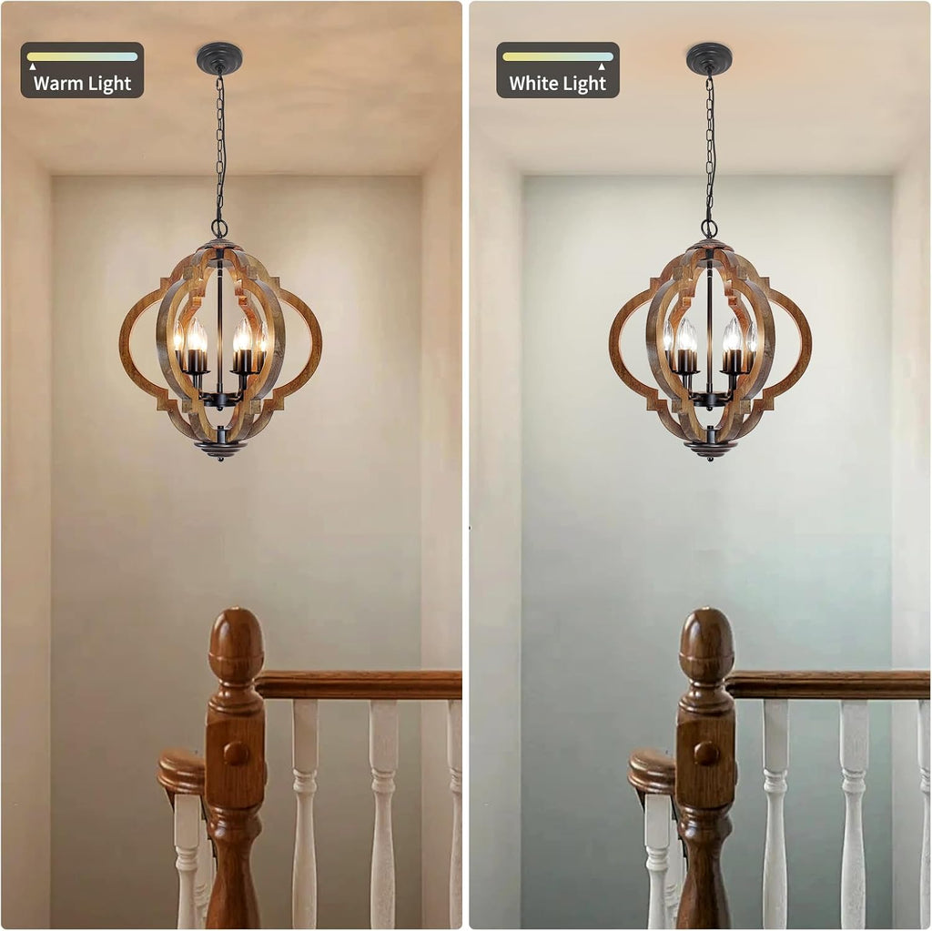 6-Light Brown Wood Black Metal Farmhouse Chandelier