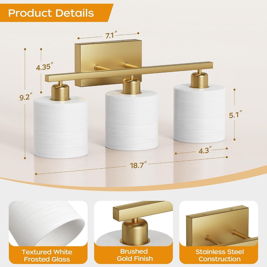 3-Light Brushed Gold Textured Glass Vanity Light