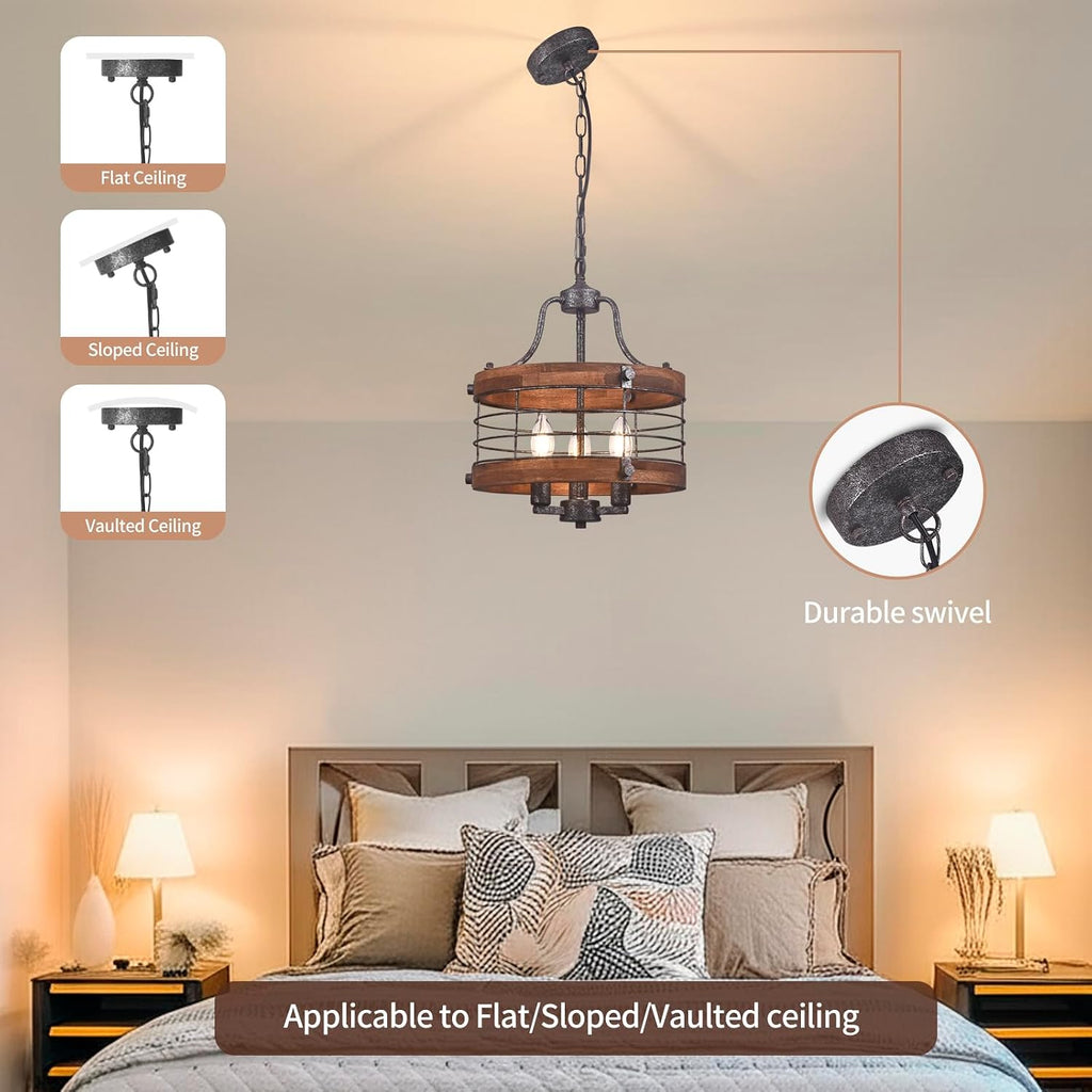 3-Light Silver Wood Drum Farmhouse Chandelier