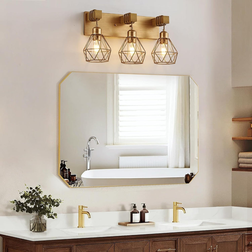 3-Light Wood Gold Bathroom Vanity Light